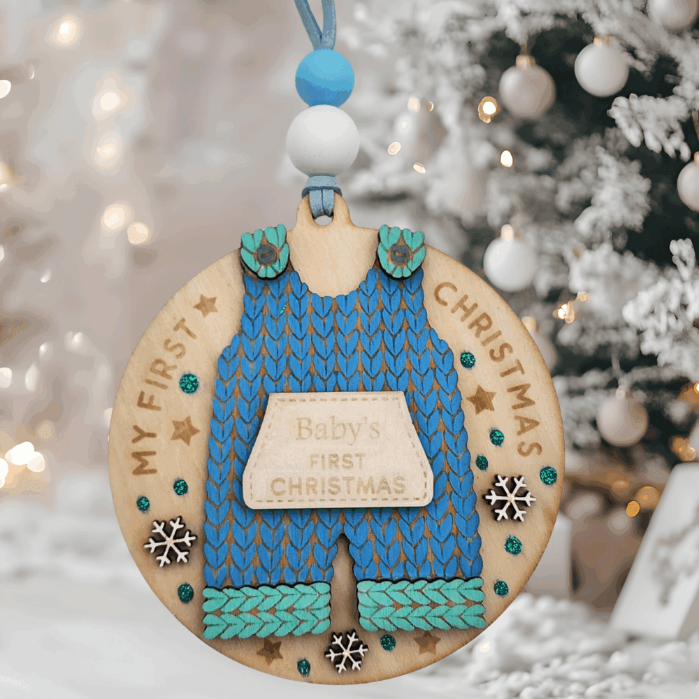 Baby’s First Christmas Overalls Bauble – Blue