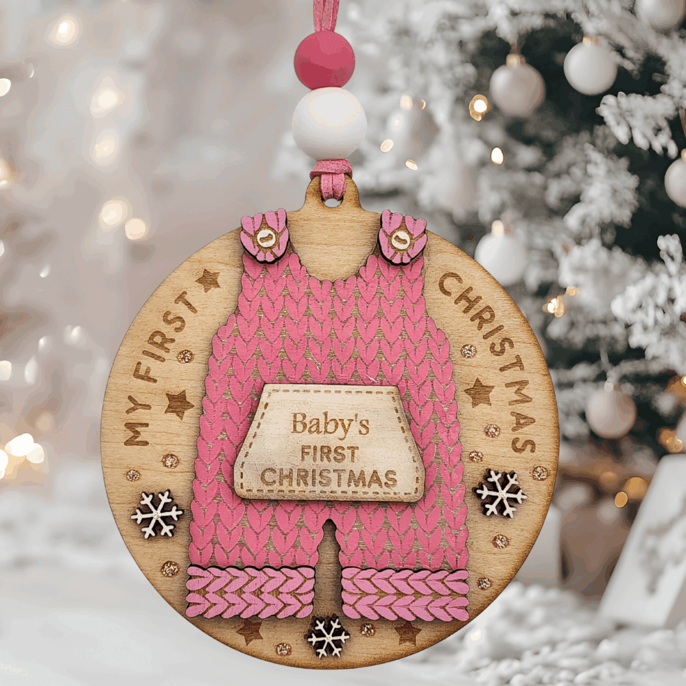 Baby’s First Christmas Overalls Bauble – Pink