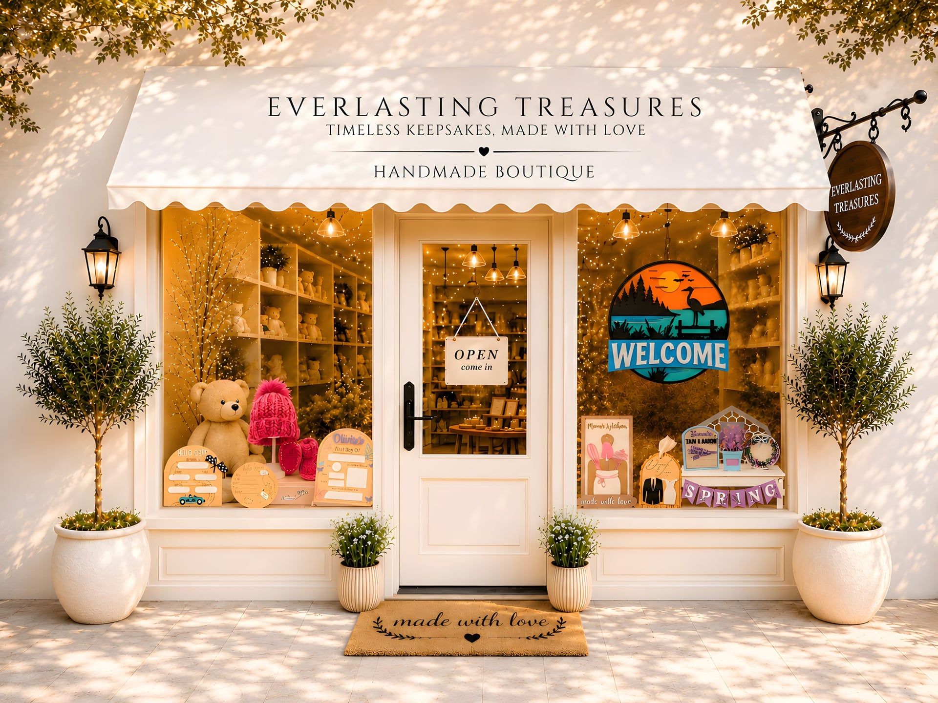 The Everlasting Treasures handmade boutique storefront in Sydney. Teddy bears, keepsakes and fairy lights in warmly lit windows