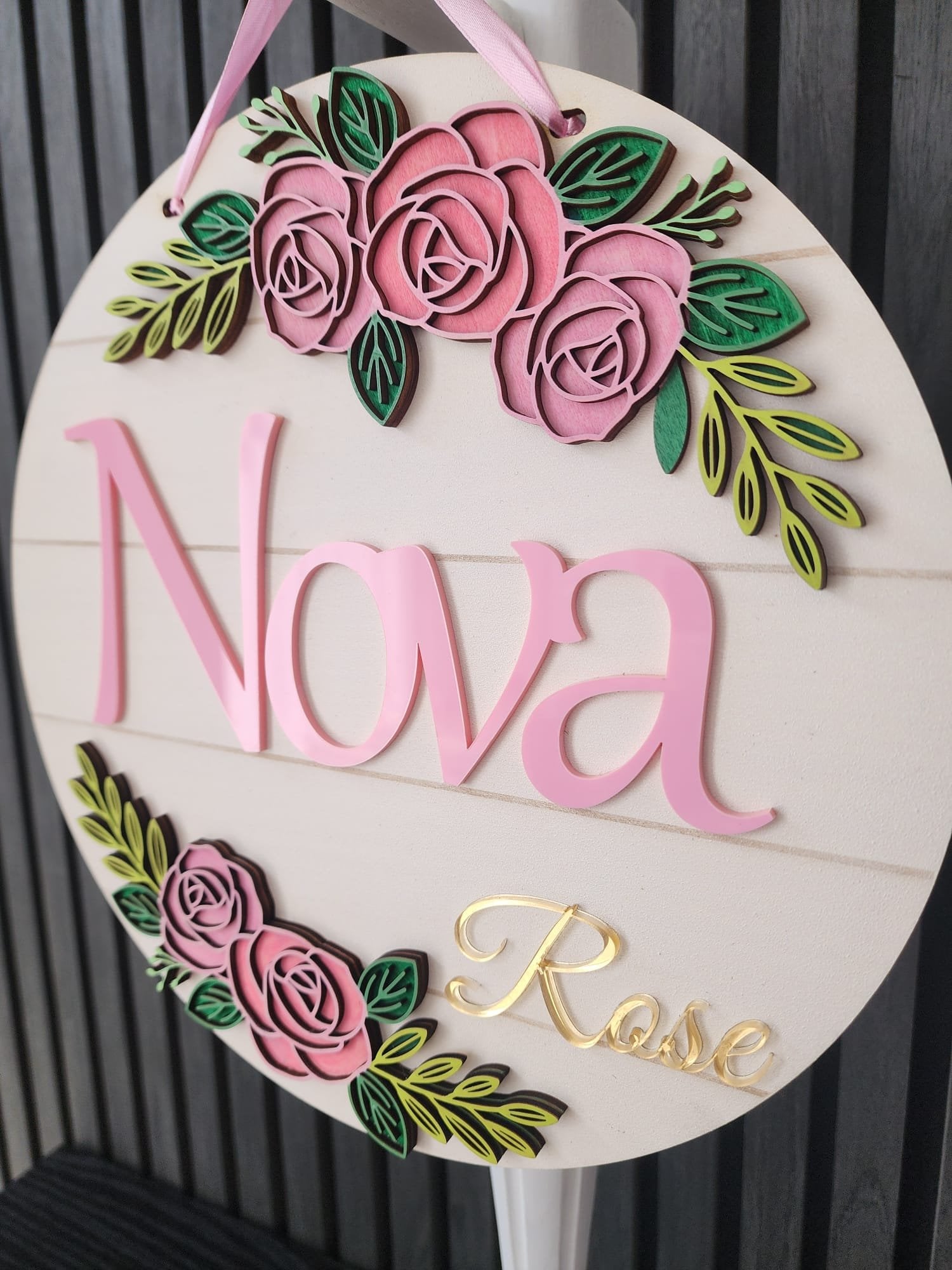 Handcrafted personalised 'Nova Rose' wooden nursery name sign with pink roses and gold script